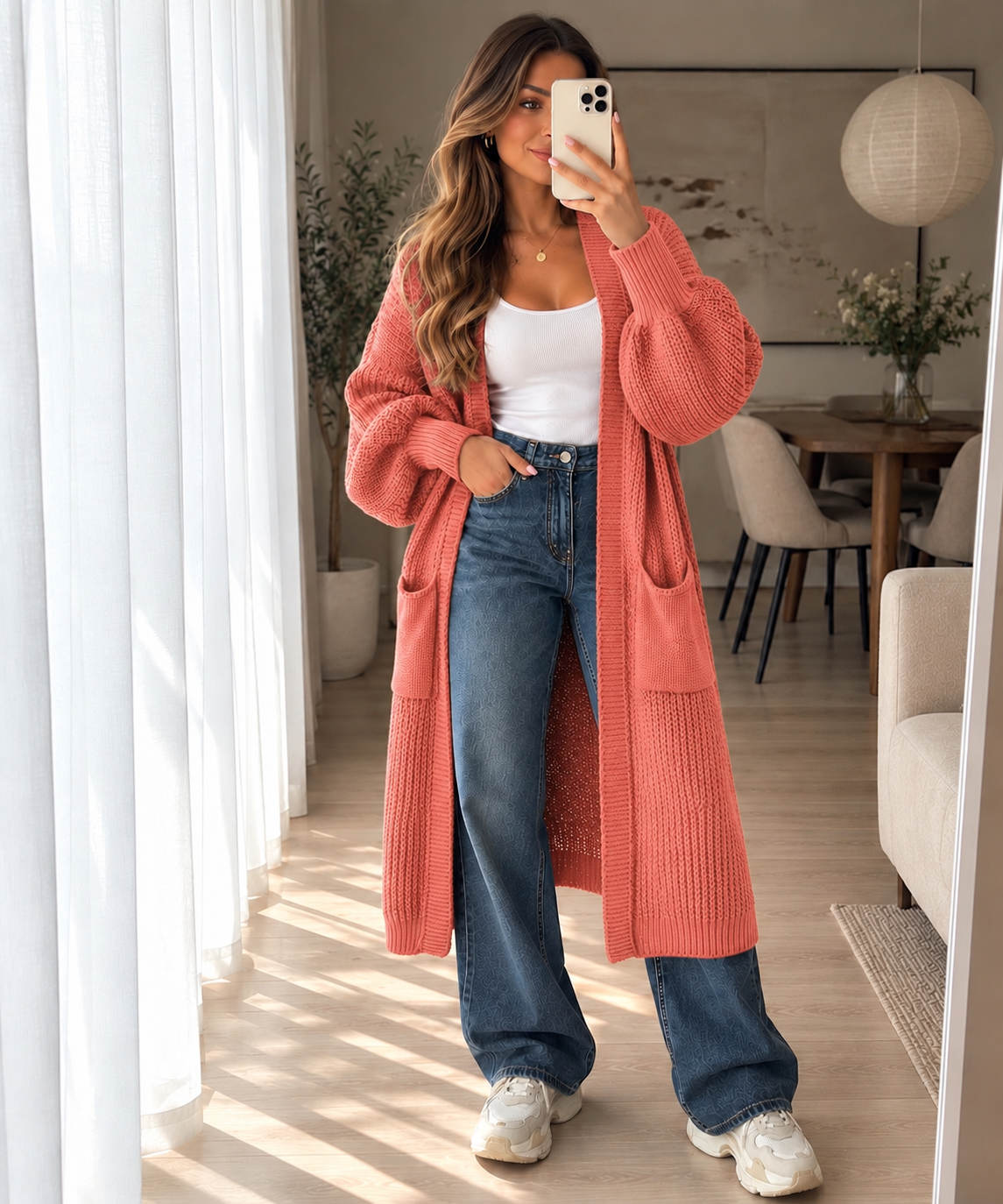 Long Strick-Cardigan mit Ballonärmeln – Made in Italy