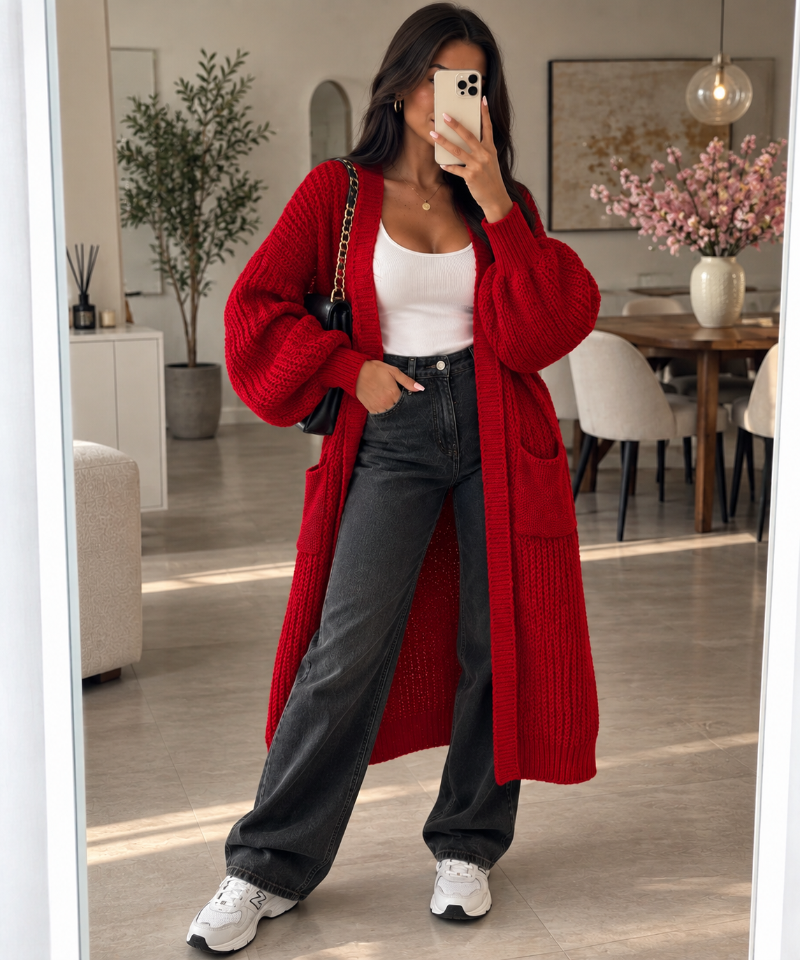 Long Strick-Cardigan mit Ballonärmeln – Made in Italy