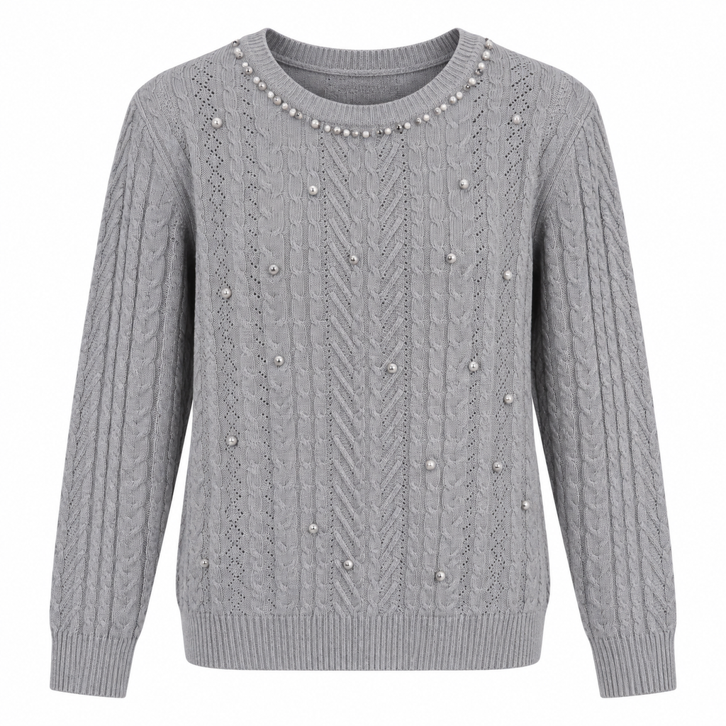 Damen Strickpullover mit Perlen & Zopfmuster
