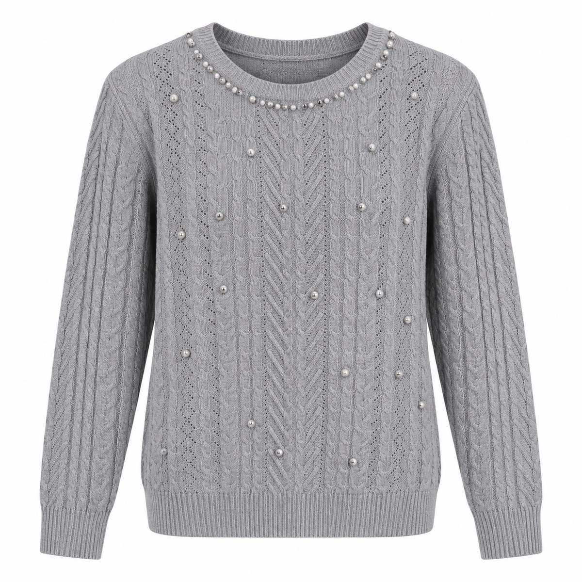 Damen Strickpullover mit Perlen & Zopfmuster