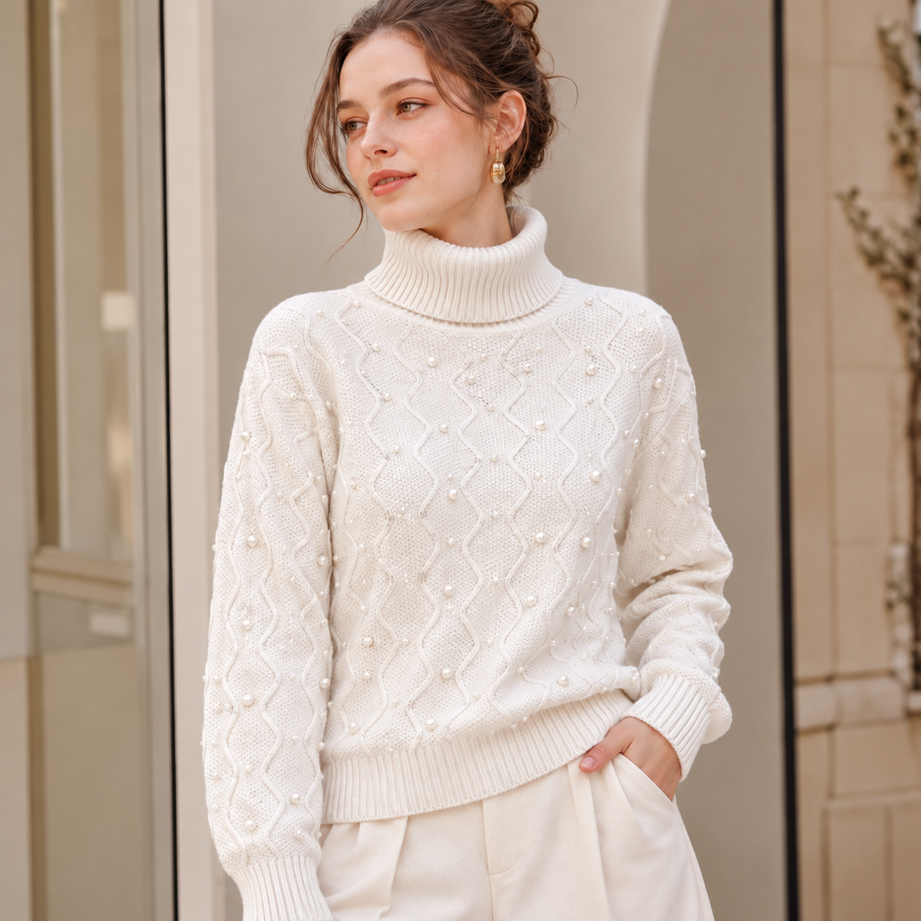 Damen Rollkragenpullover mit Perlen