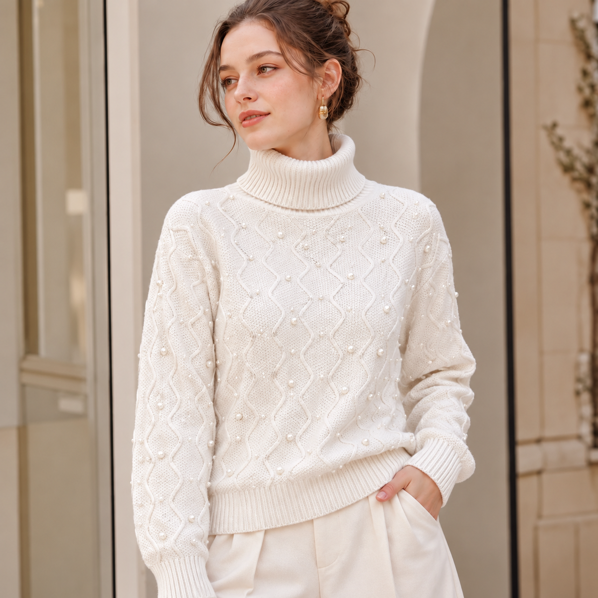 Damen Rollkragenpullover mit Perlen