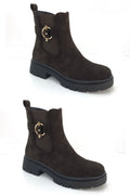 Damen Boots aus Wildleder-Optik in Dunkelbraun mit goldener Schnalle