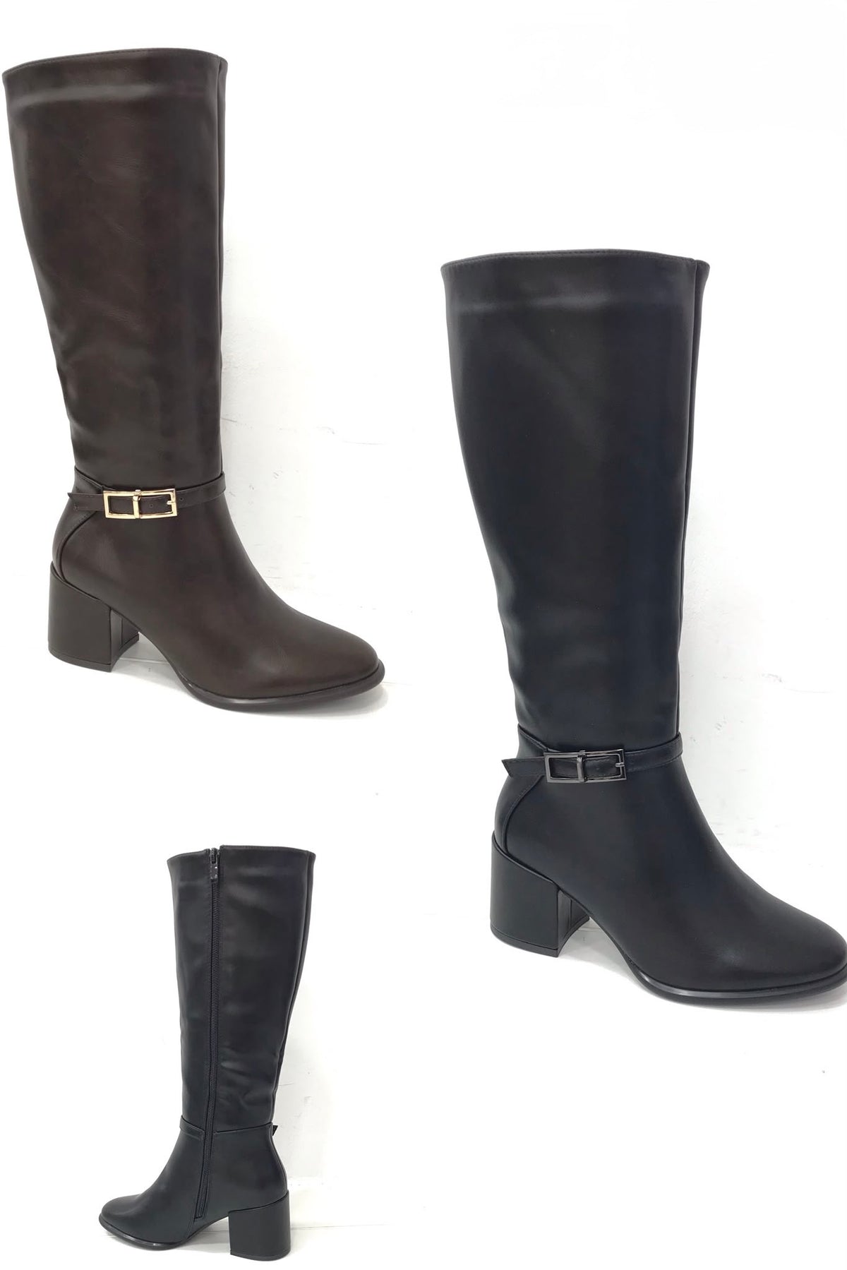 Elegante Damen Langschaftstiefel in Leder-Optik mit Zierschnalle und Blockabsatz