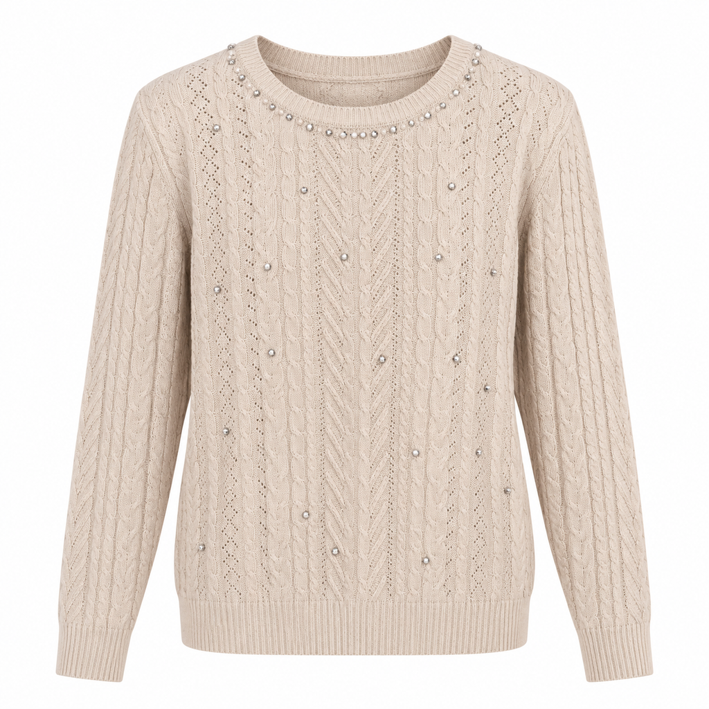 Damen Strickpullover mit Perlen & Zopfmuster