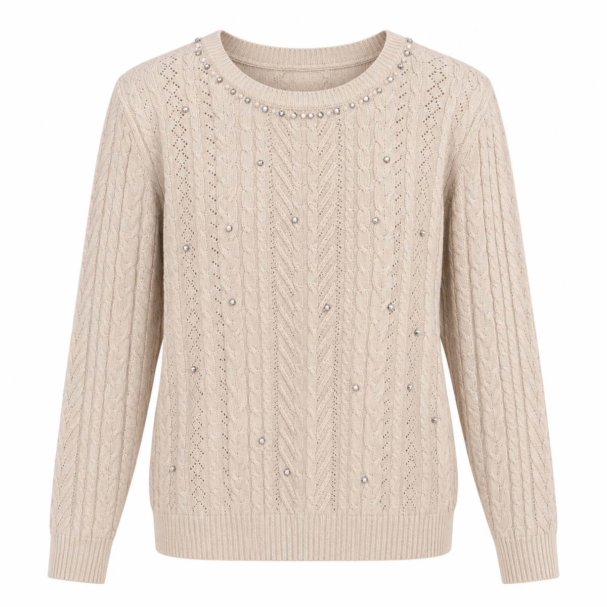 Damen Strickpullover mit Perlen & Zopfmuster