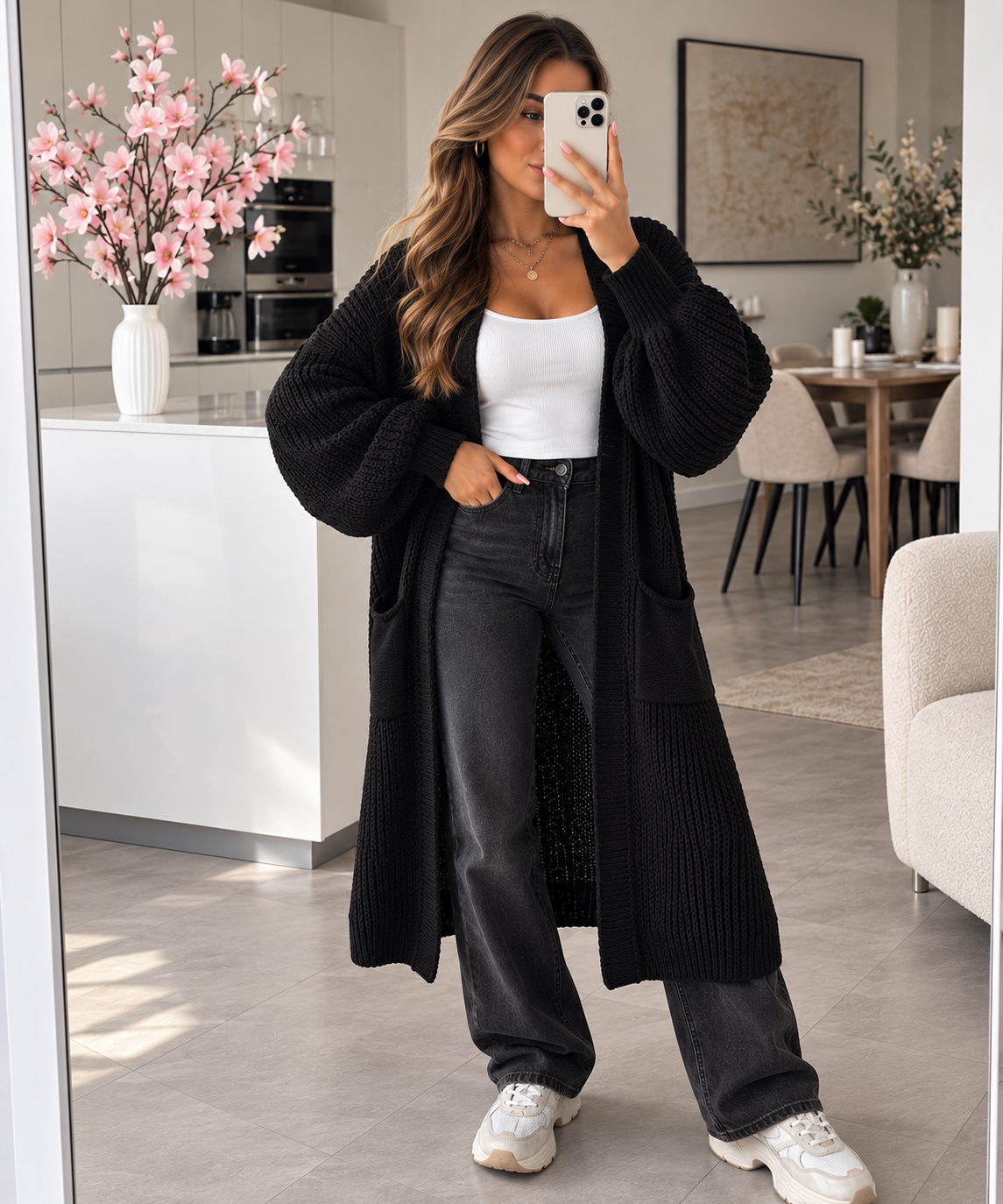 Long Strick-Cardigan mit Ballonärmeln – Made in Italy