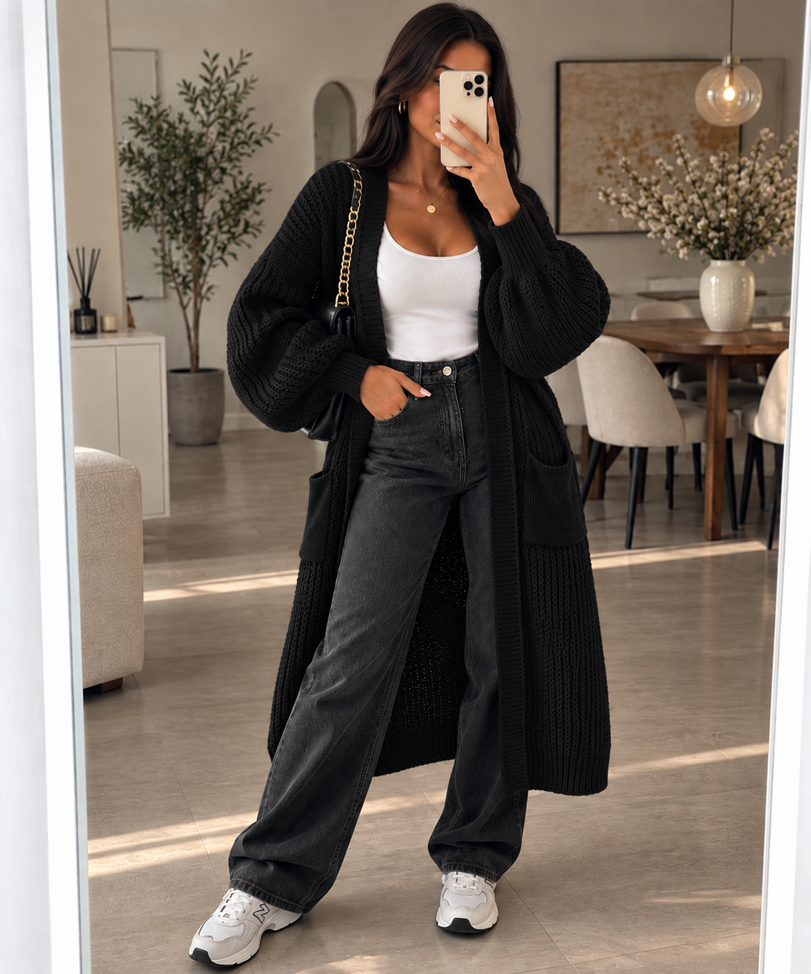 Long Strick-Cardigan mit Ballonärmeln – Made in Italy