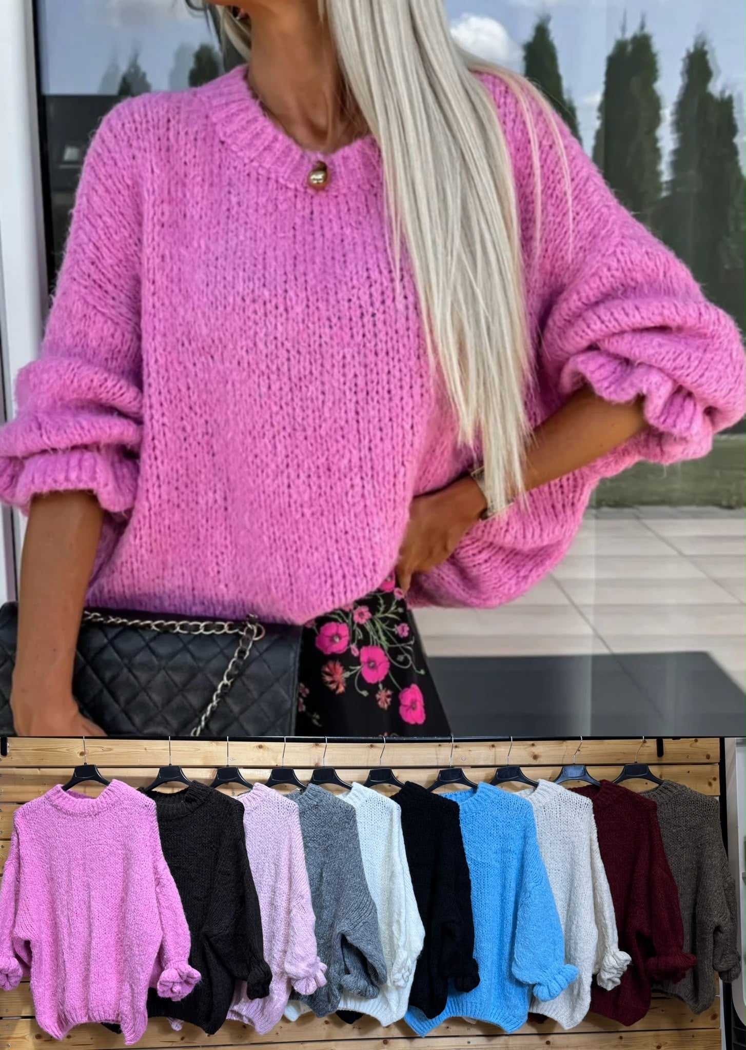 Oversized Grobstrick-Pullover mit 3/4-Ballonärmeln