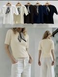 Damen-Kurzarm-Feinstrickshirt mit Tuch-Dekor