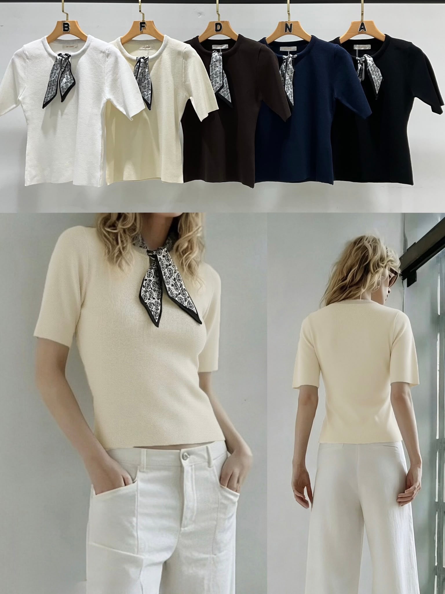Damen-Kurzarm-Feinstrickshirt mit Tuch-Dekor