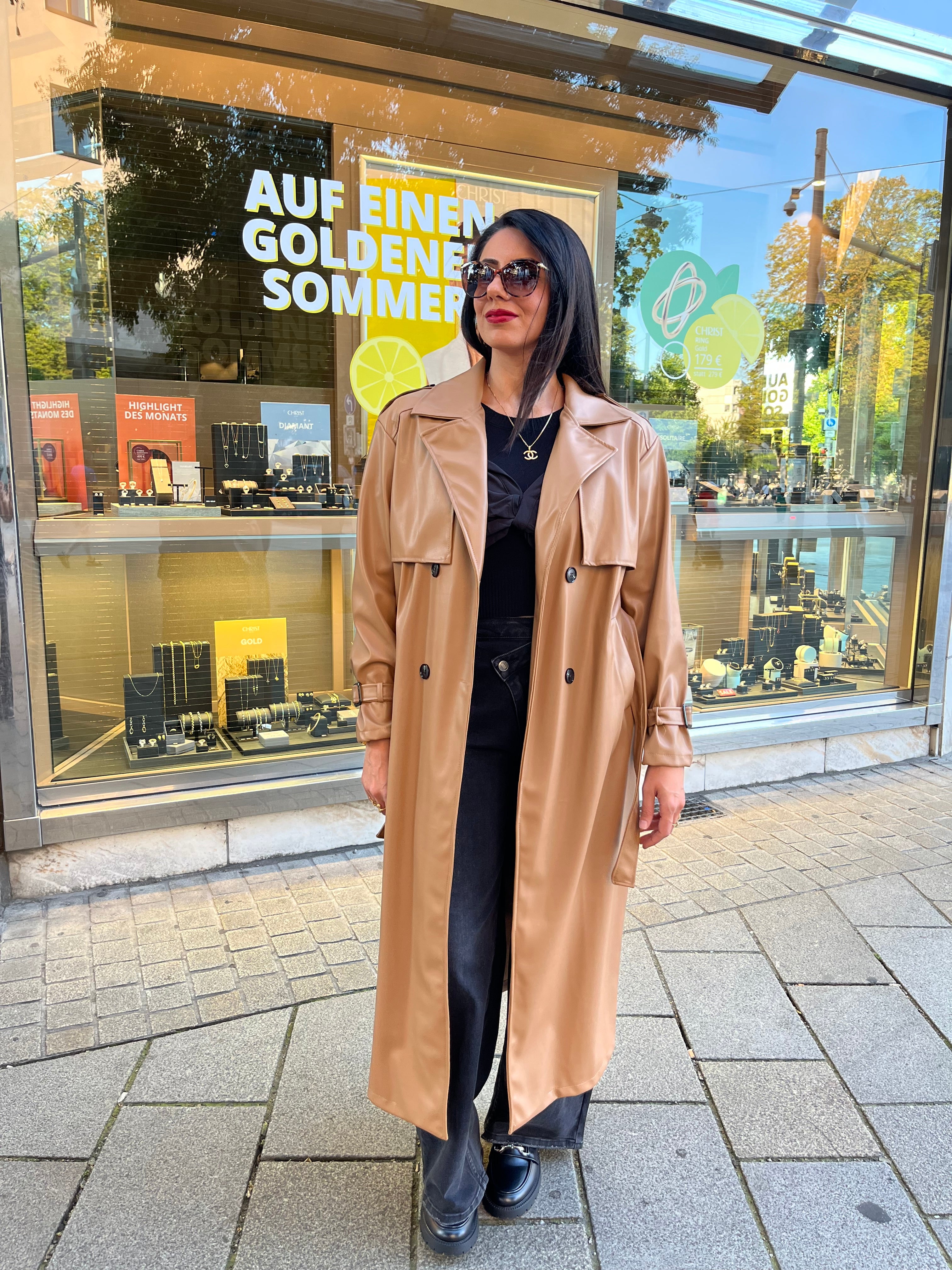 LEATHER LOOK TRENCH COAT CAMEL