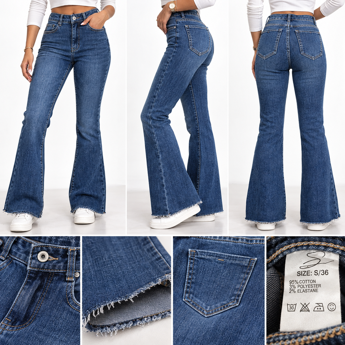 Damen Flare Jeans High Waist – Blue Denim mit Fransensaum