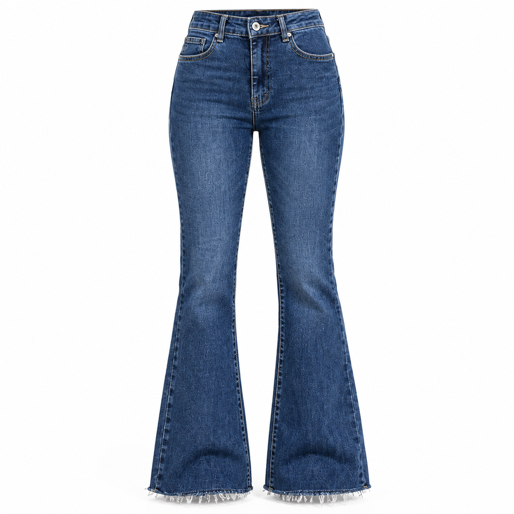 Damen Flare Jeans High Waist – Blue Denim mit Fransensaum