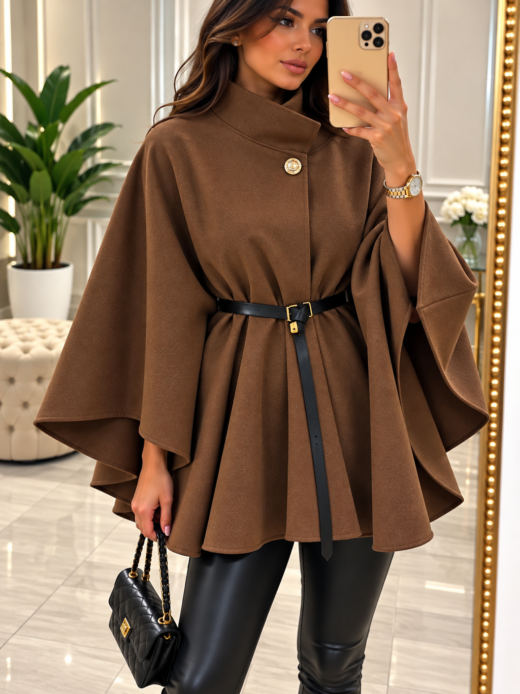 Eleganter Poncho-Mantel mit Stehkragen & Gürtel