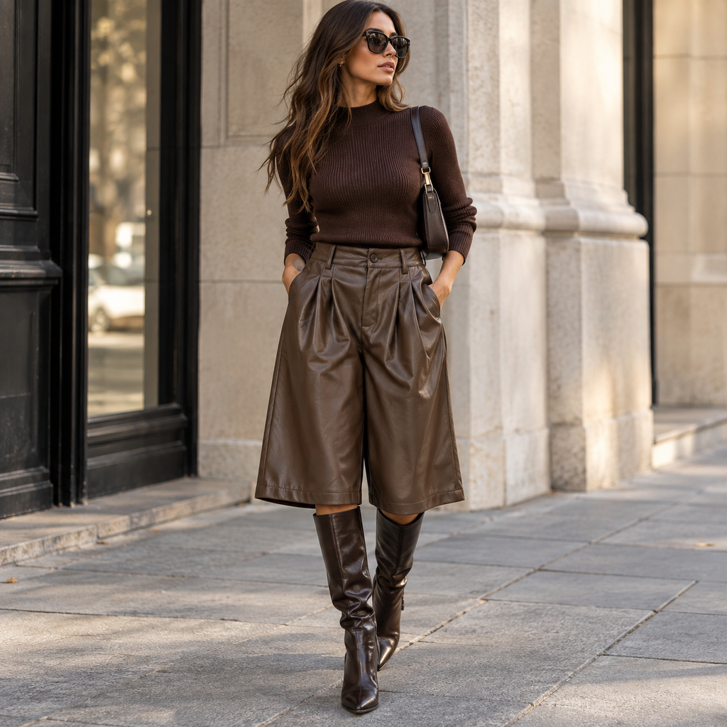 Bermuda Shorts in Lederoptik mit Bundfalten