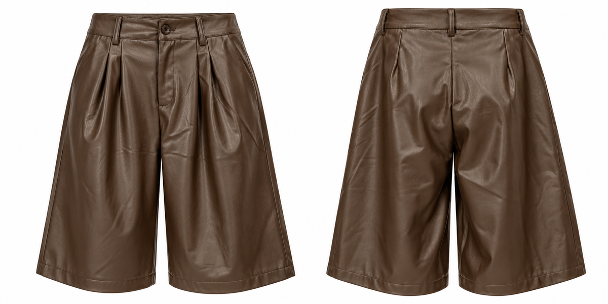 Bermuda Shorts in Lederoptik mit Bundfalten