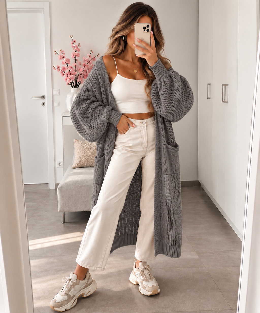 Long Strick-Cardigan mit Ballonärmeln – Made in Italy