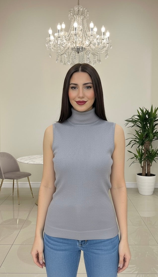ÄRMELLOSER ROLLKRAGENPULLOVER AUS VISKOSE-STRICK GRAU