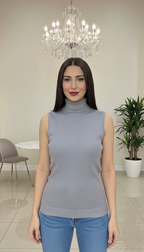 ÄRMELLOSER ROLLKRAGENPULLOVER AUS VISKOSE-STRICK GRAU