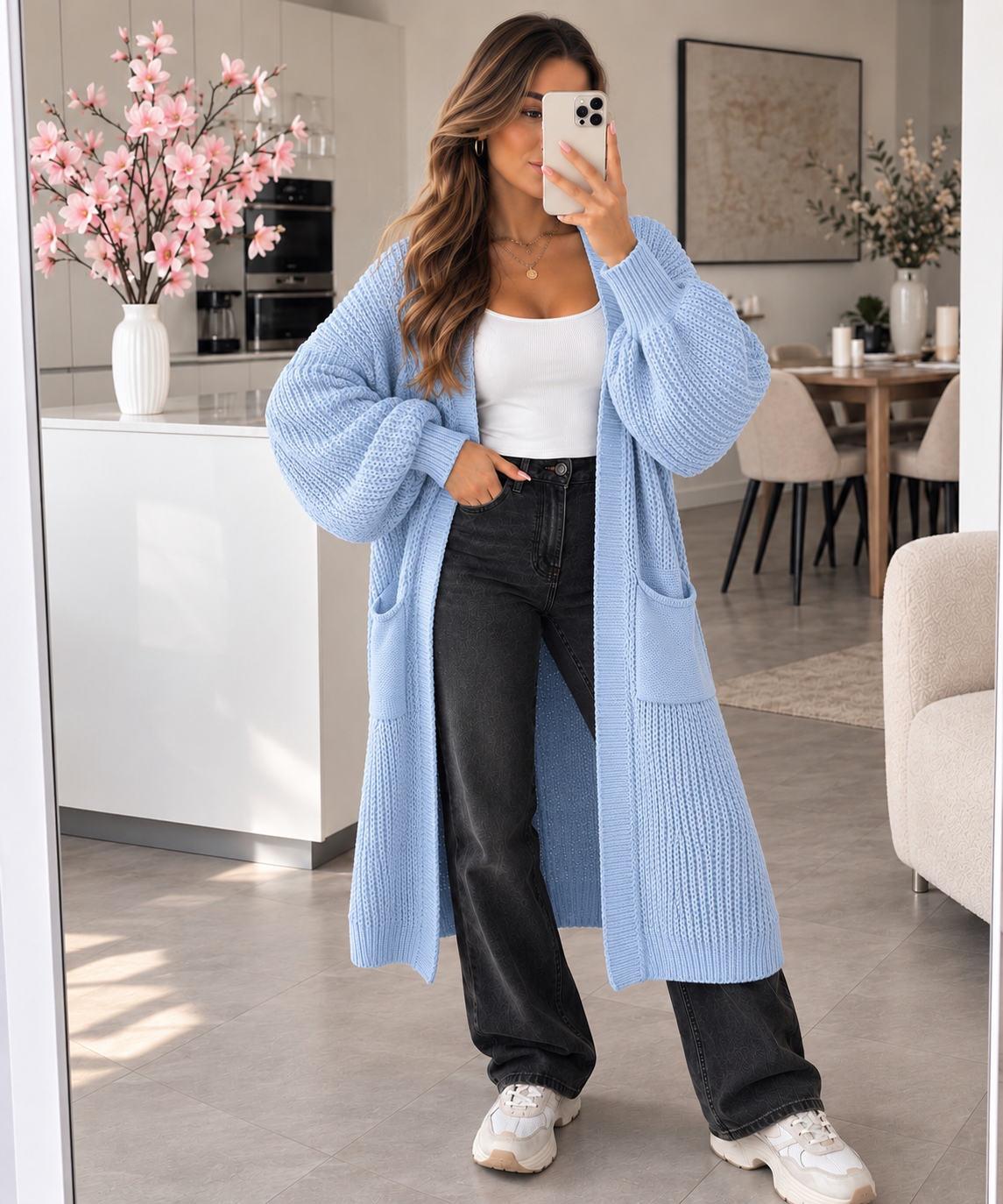 Long Strick-Cardigan mit Ballonärmeln – Made in Italy