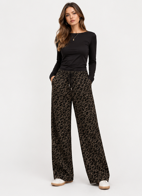 Damen - Hose im Leoparden-Look mit Kordelzug