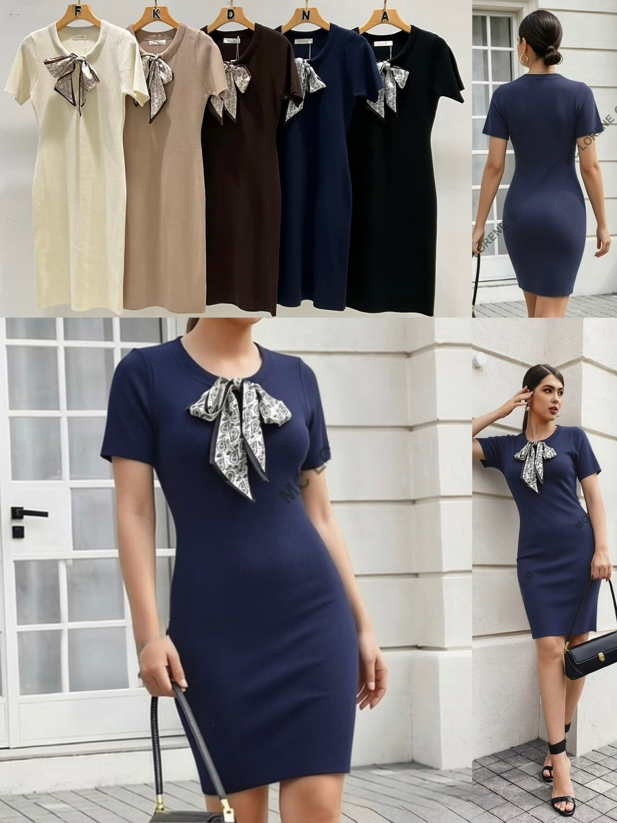 Kurzarm-Feinstrickkleid mit gemusterter Schleife