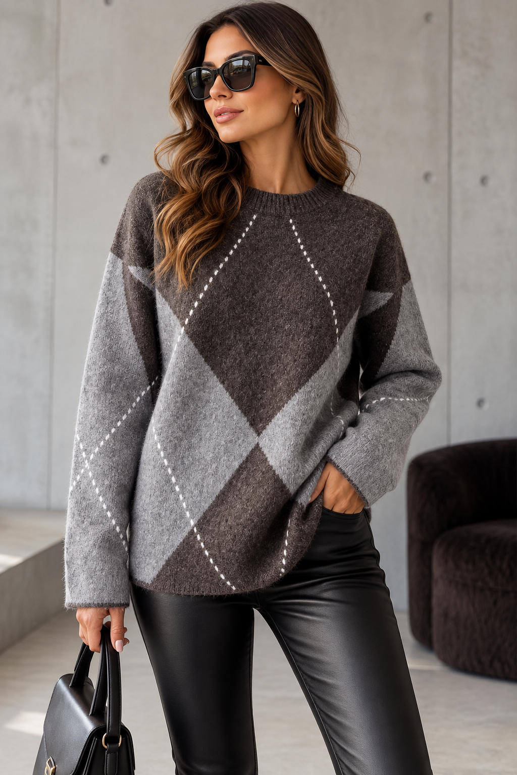 Damen Strickpullover mit Rauten-Muster Argyle Look