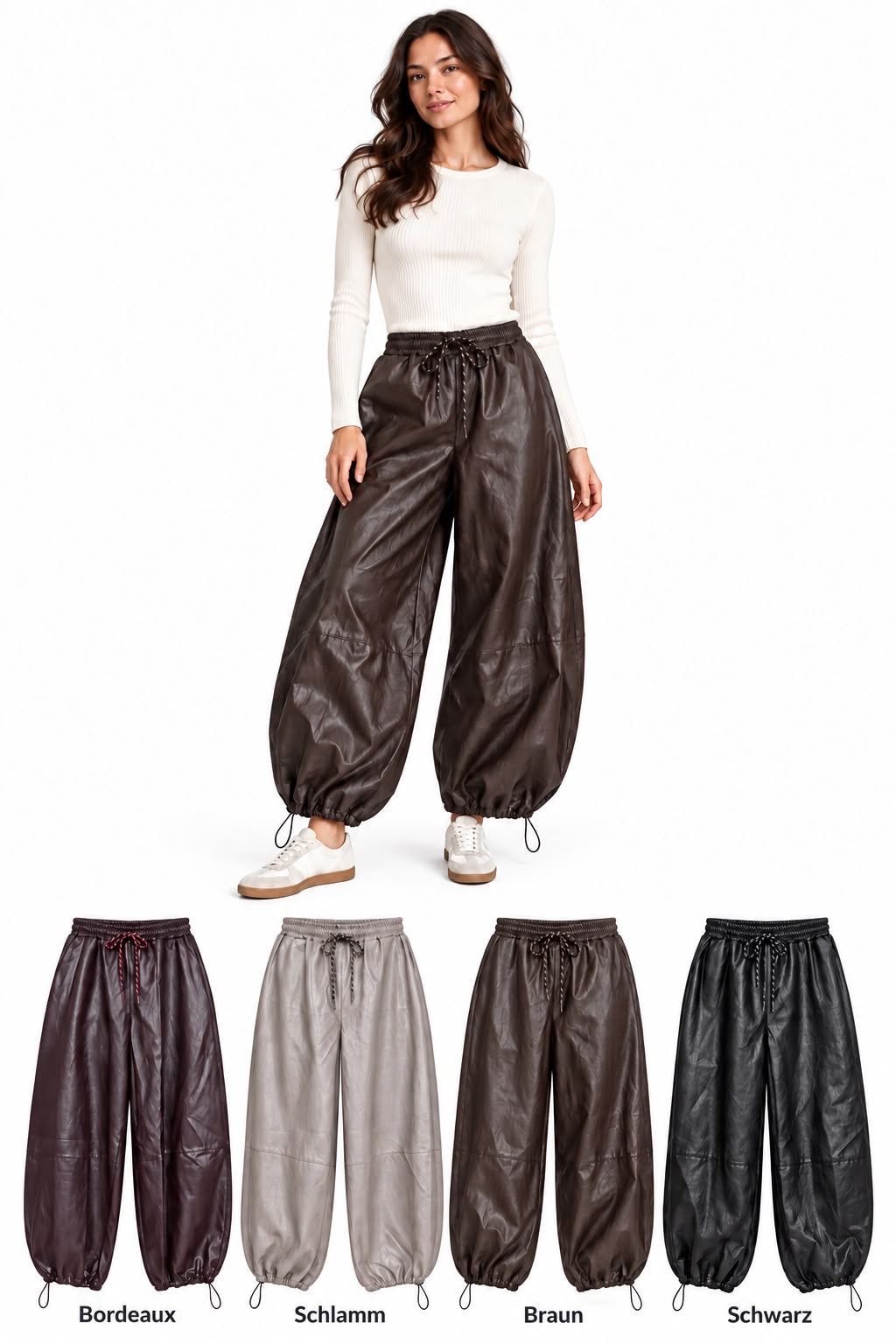 Damen Kunstleder-Ballonhose mit Kordelzug – Einheitsgröße