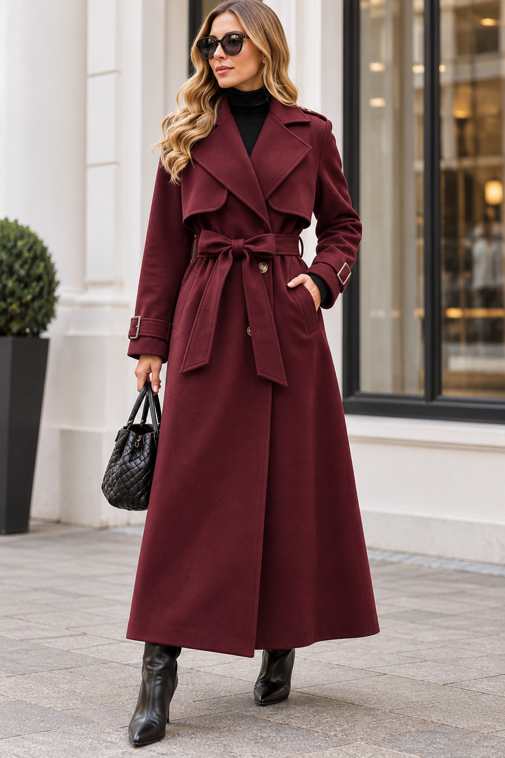Eleganter Damen Filz-Trenchcoat – Lang, Tailliert & mit Gürtel