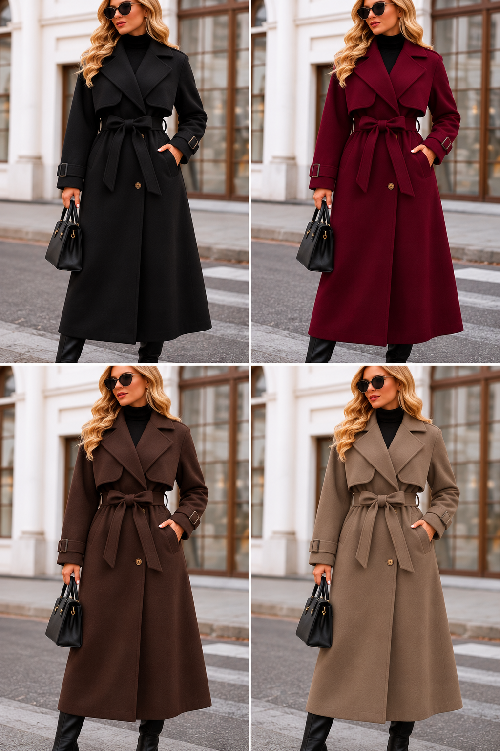 Eleganter Damen Filz-Trenchcoat – Lang, Tailliert & mit Gürtel