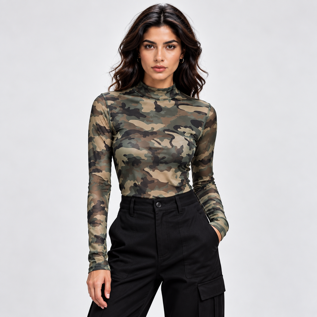 Mesh Longsleeve Camouflage mit Rollkragen