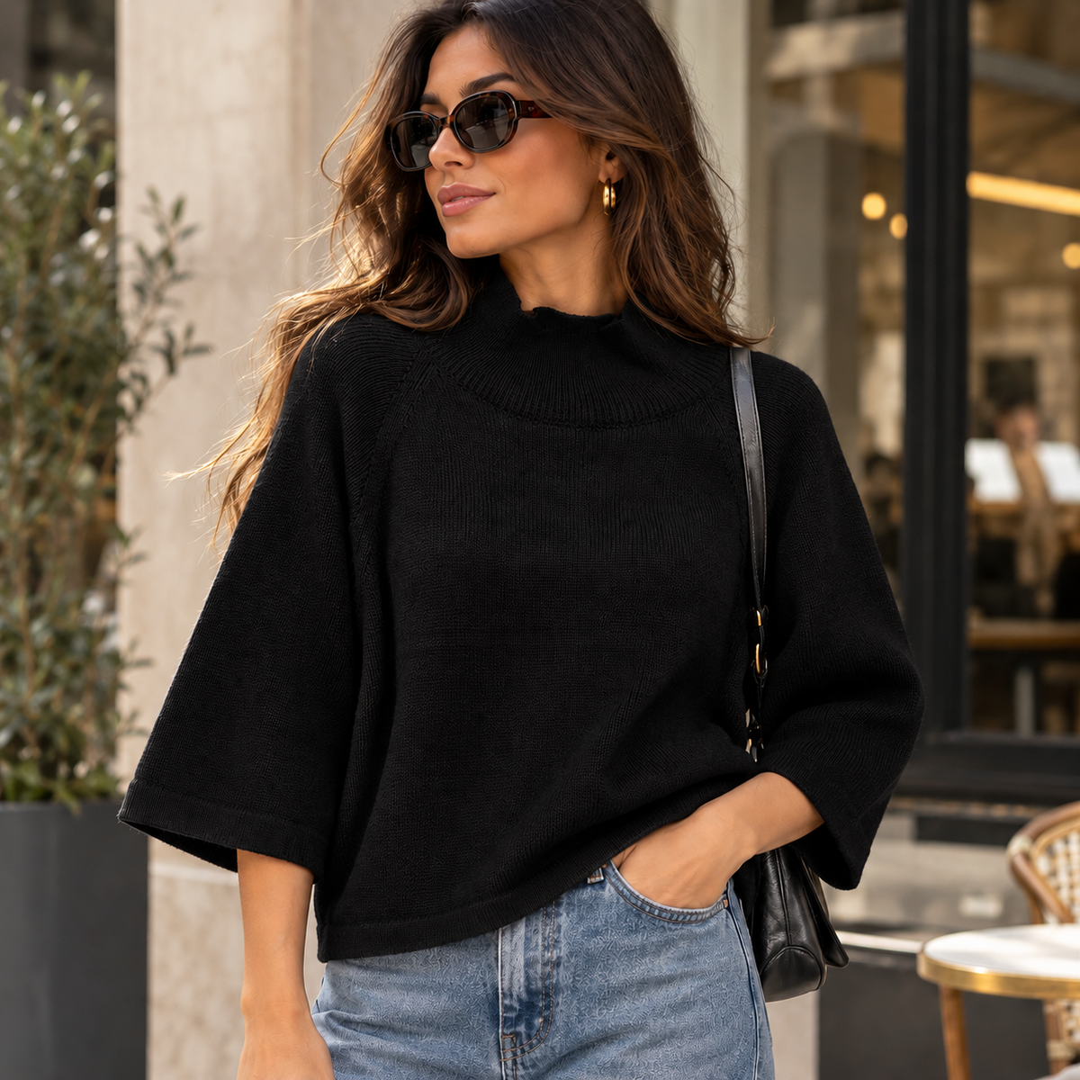 Feinstrick Pullover mit 3/4-Ärmeln & Stehkragen