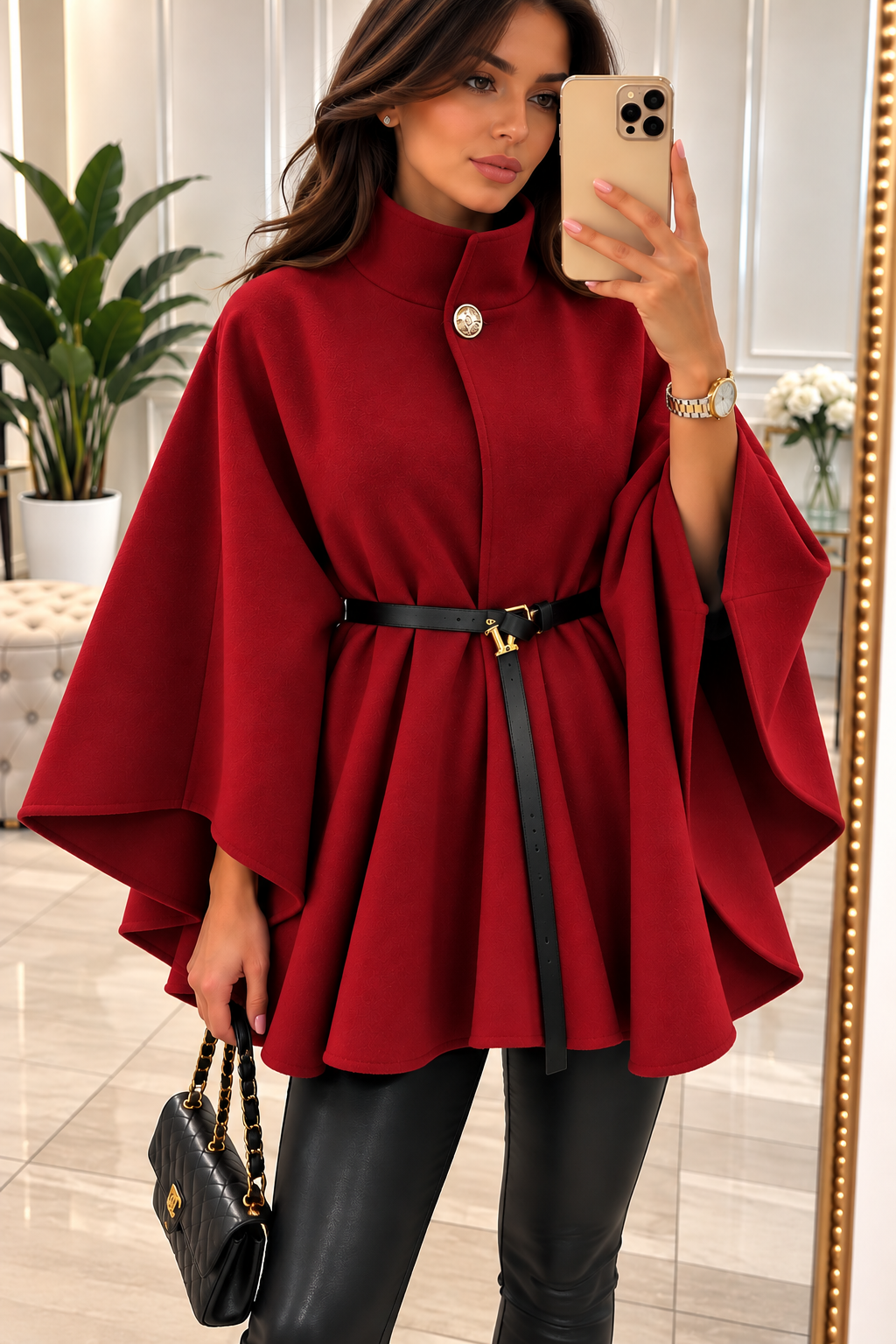 Eleganter Poncho-Mantel mit Stehkragen & Gürtel