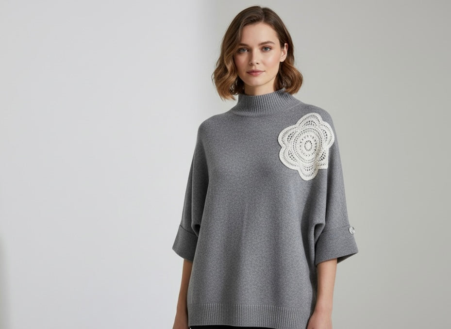 STEHKRAGEN PULLOVER AUS VISKOSE-STRICK GRAU