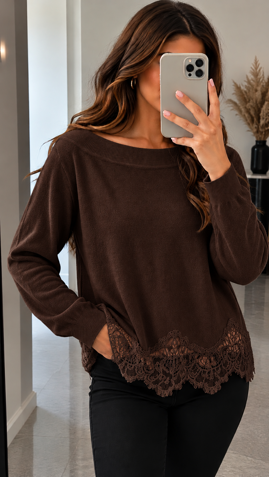 Damen Strickpullover mit Spitzensaum – Eleganter Pullover