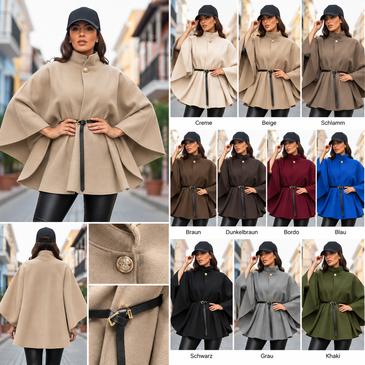 Eleganter Poncho-Mantel mit Stehkragen & Gürtel