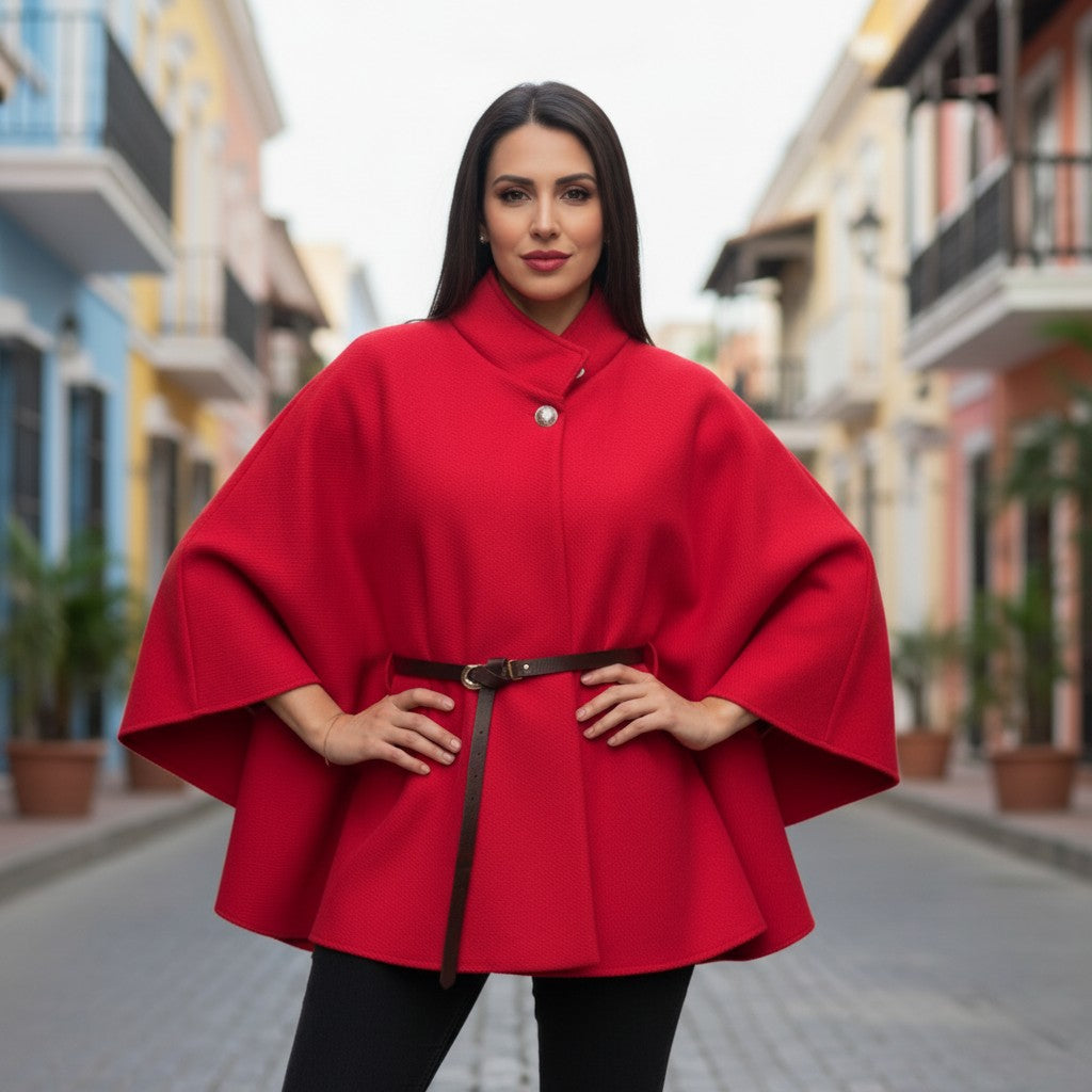 Eleganter Cape-Poncho mit Stehkragen & Taillengürtel