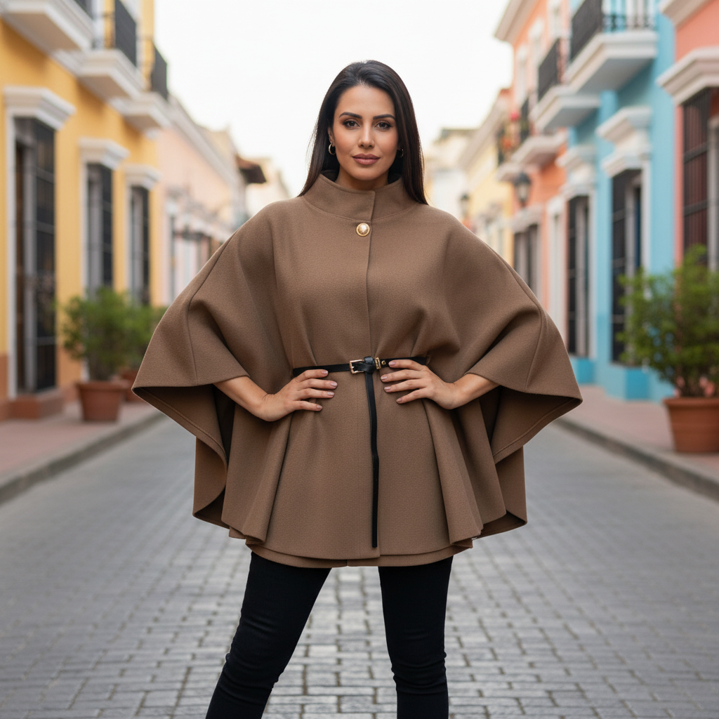 Eleganter Poncho-Mantel mit Stehkragen & Gürtel