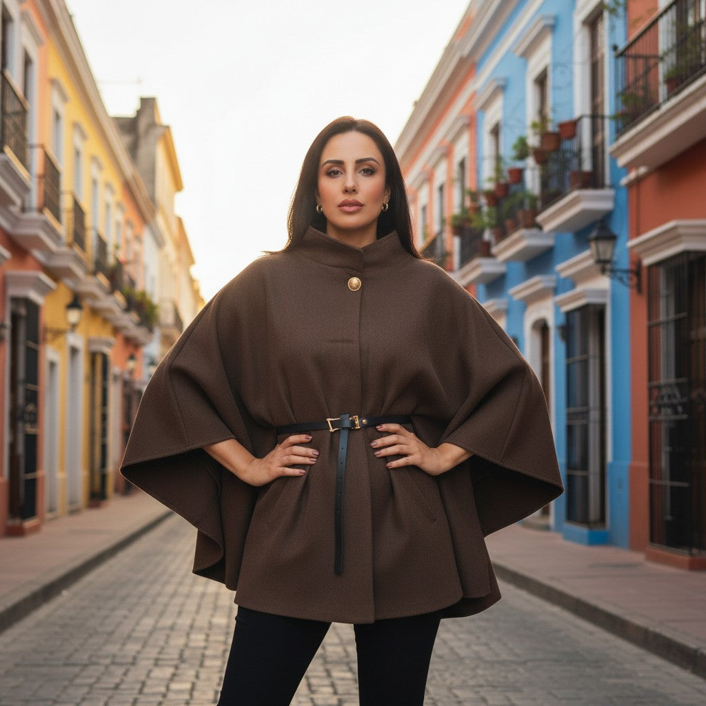 Eleganter Poncho-Mantel mit Stehkragen & Gürtel