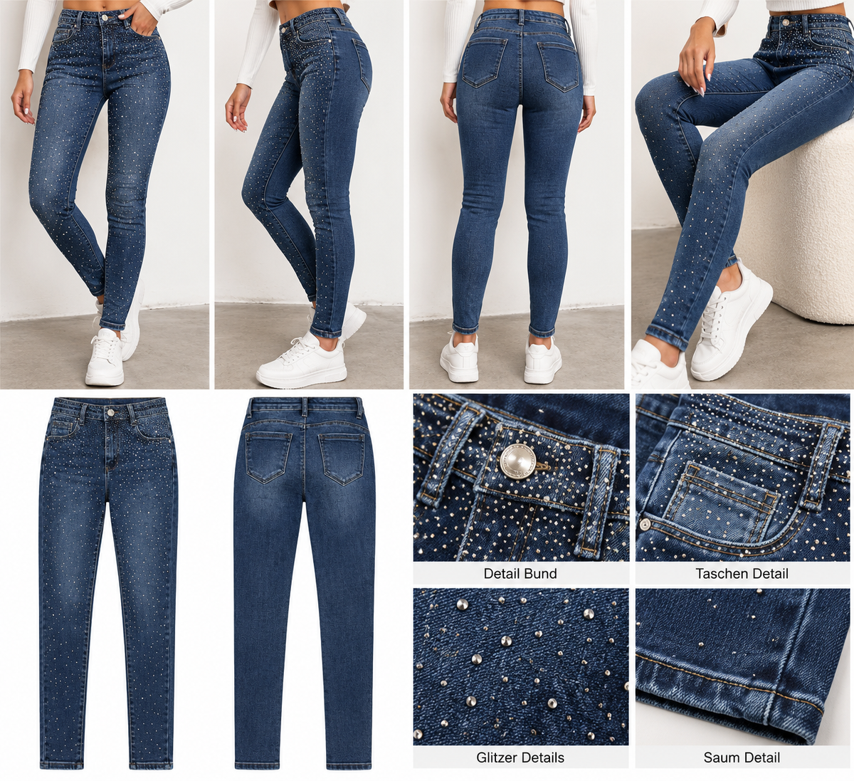 Skinny Jeans mit Strass-Details – Dunkelblau