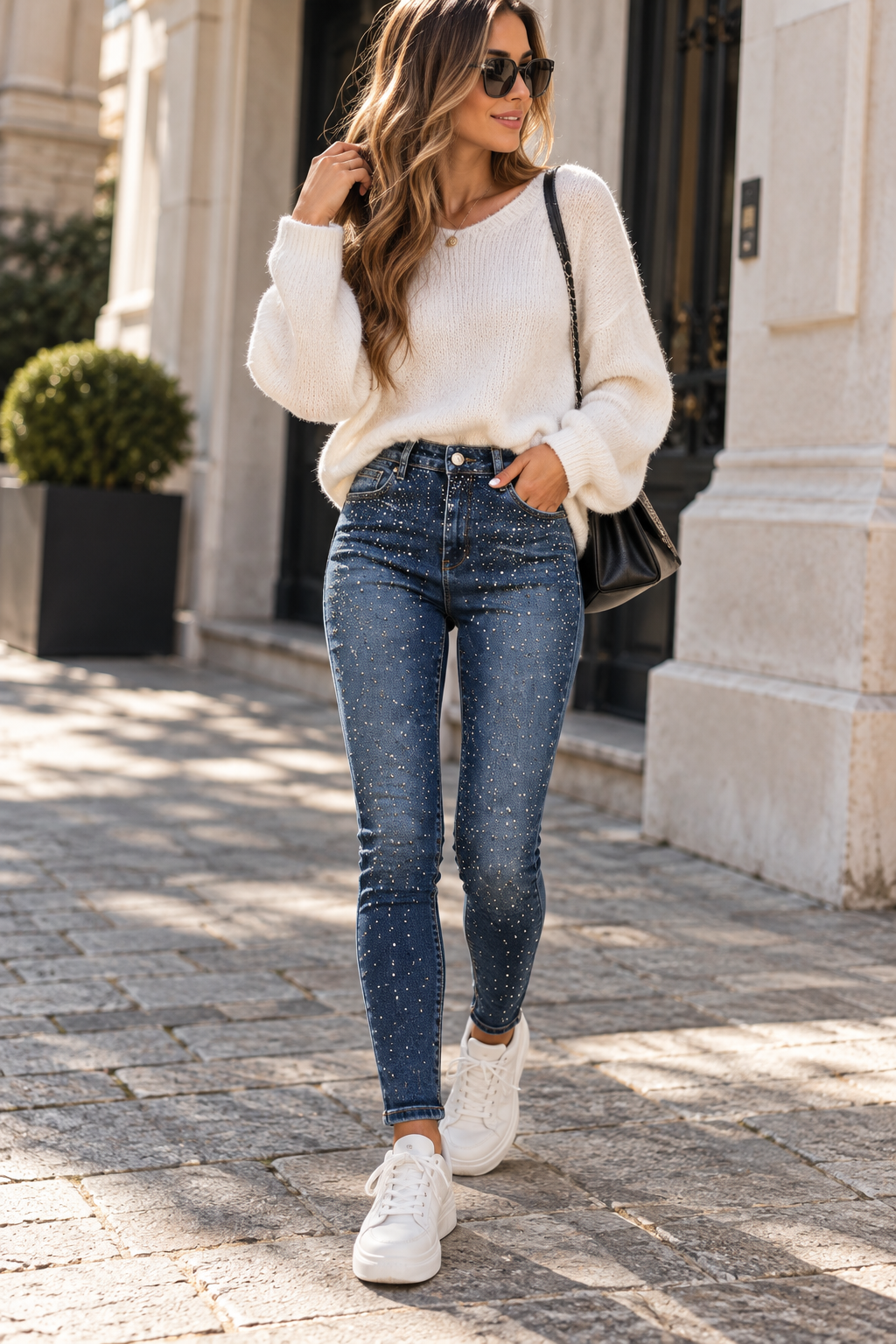 Skinny Jeans mit Strass-Details – Dunkelblau