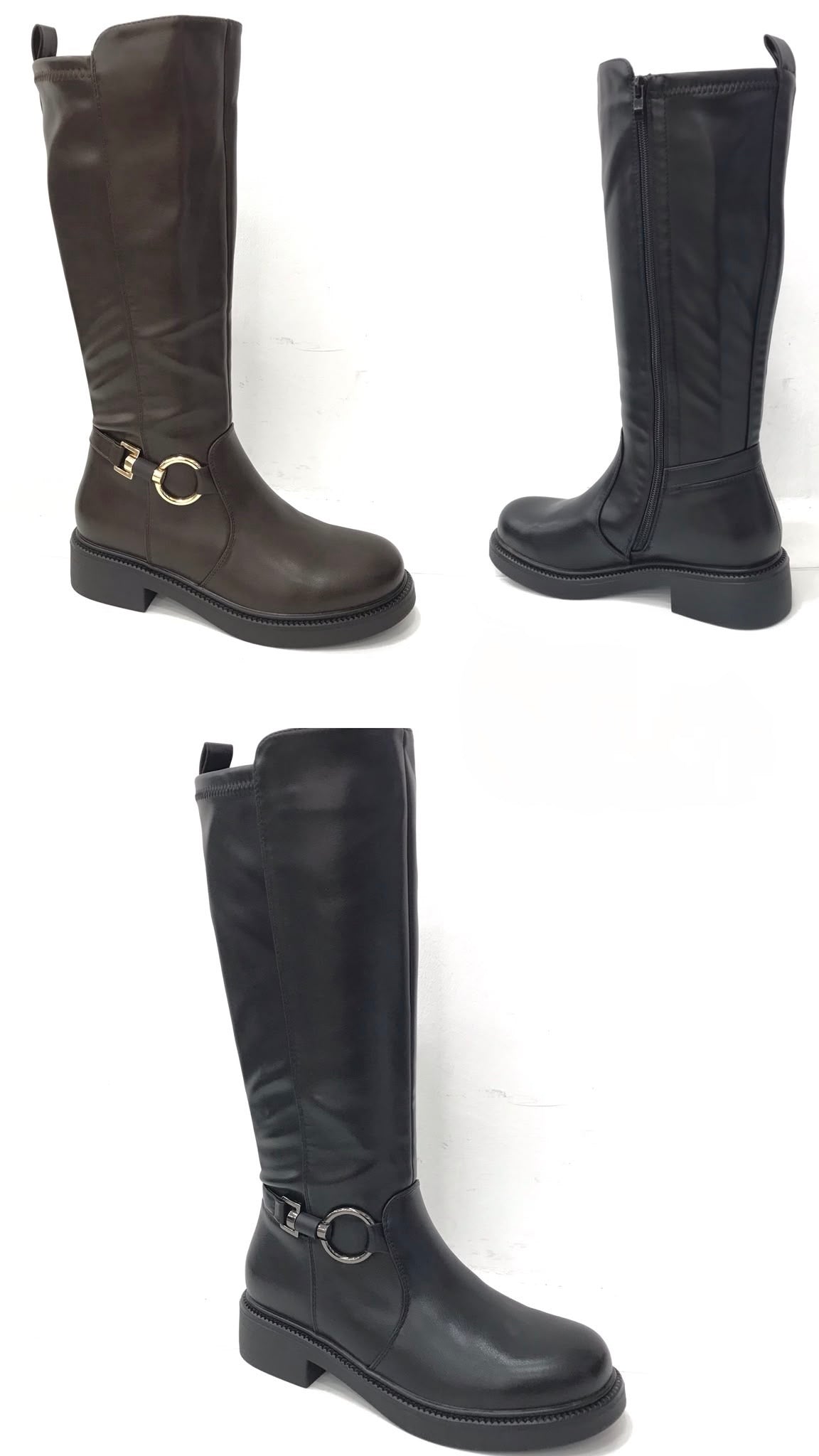 Damen Reiterstiefel in Leder-Optik mit Zierschnalle & Reißverschluss