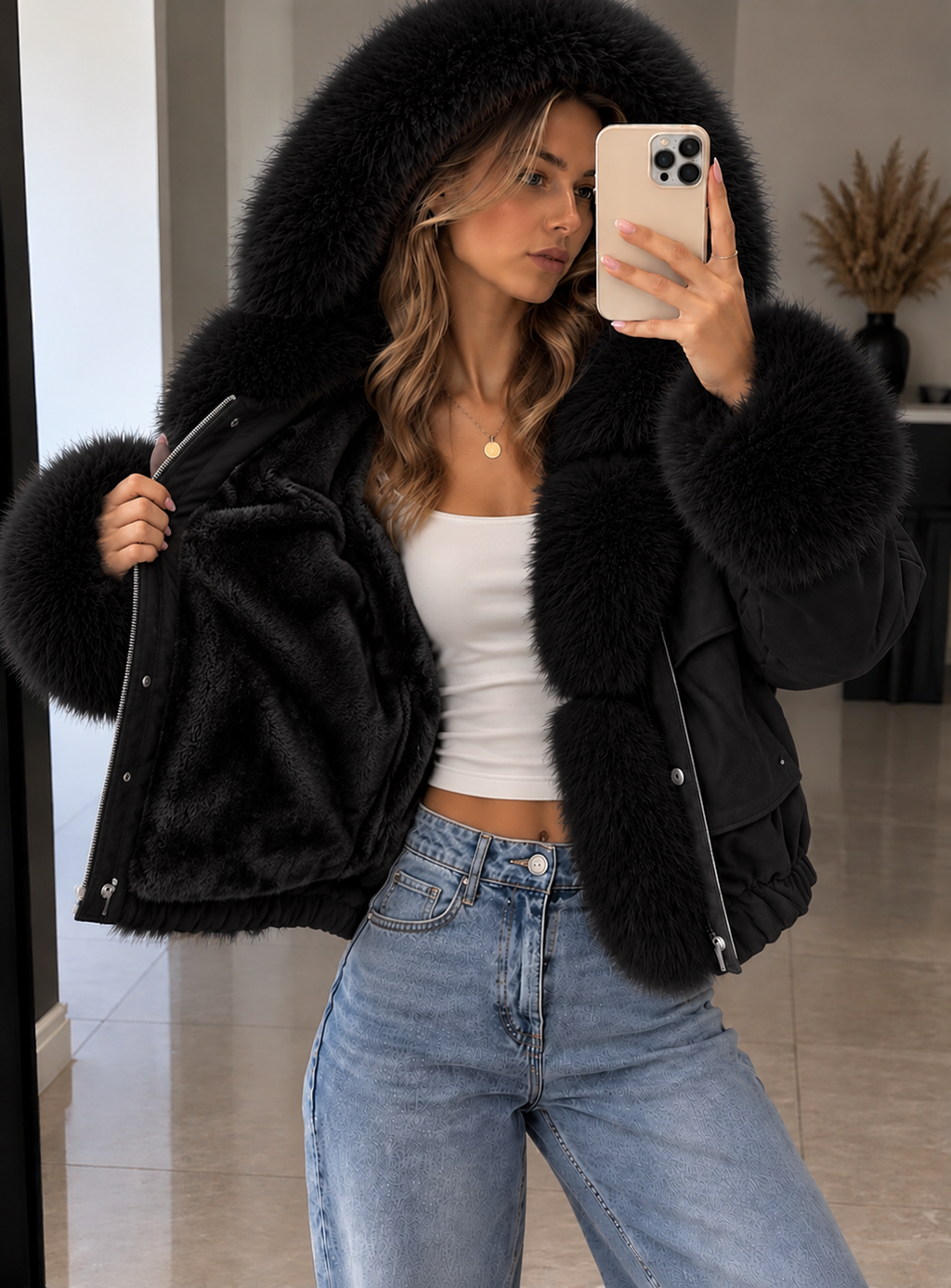 Damen Kunstlederjacke mit Kapuze und XXL-Fellbesatz – Schwarz