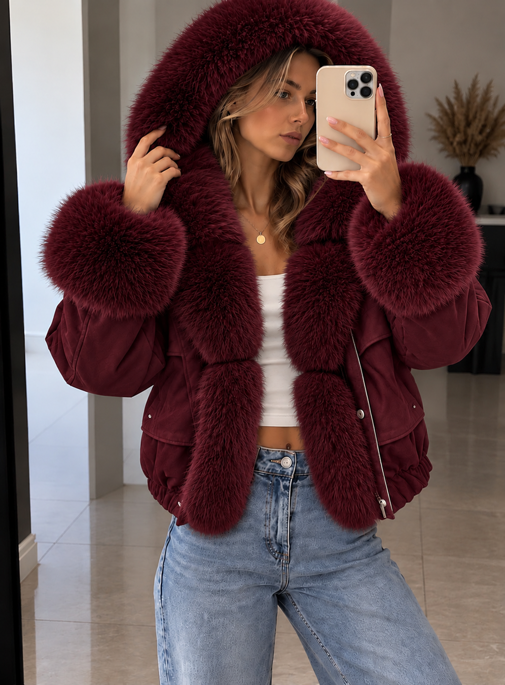Damen Kunstlederjacke mit Kapuze und XXL-Fellbesatz – Schwarz