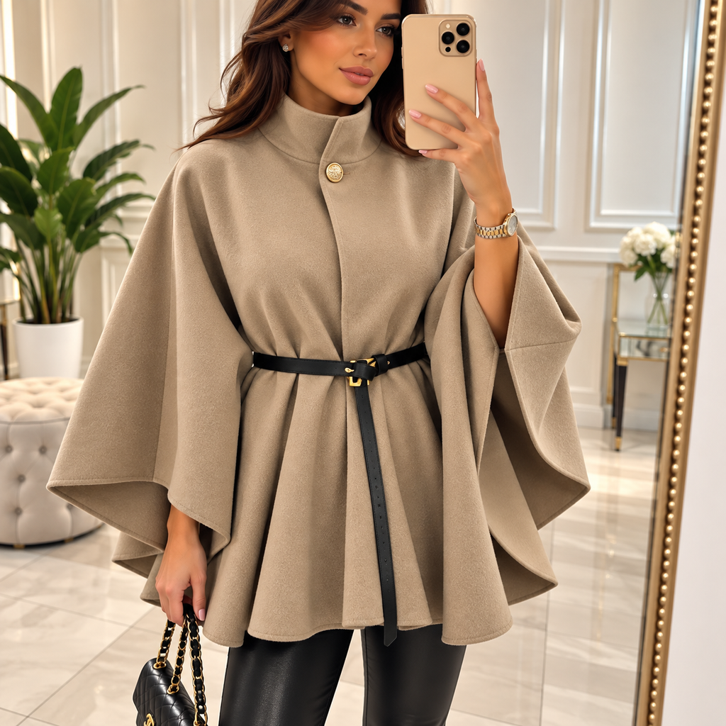 Eleganter Poncho-Mantel mit Stehkragen & Gürtel