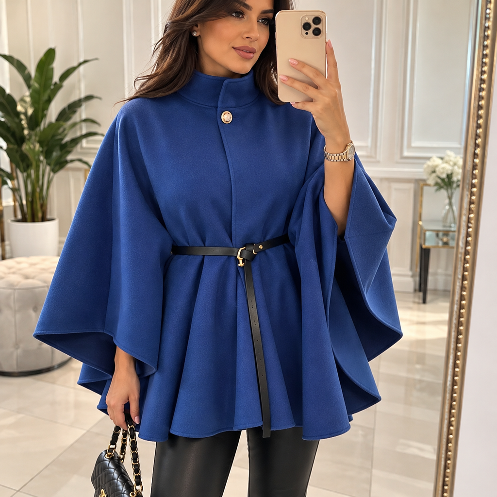 Eleganter Poncho-Mantel mit Stehkragen & Gürtel