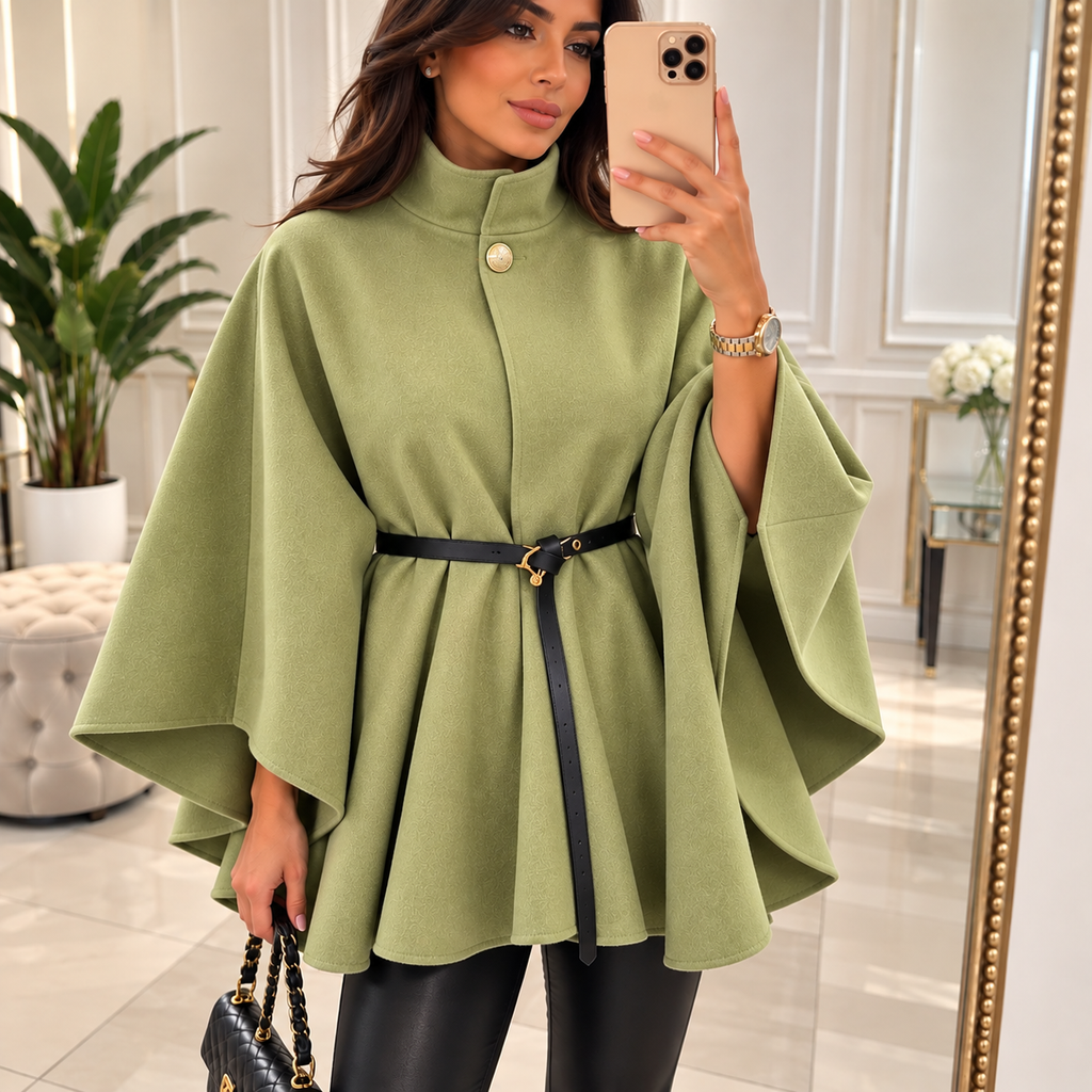 Eleganter Poncho-Mantel mit Stehkragen & Gürtel