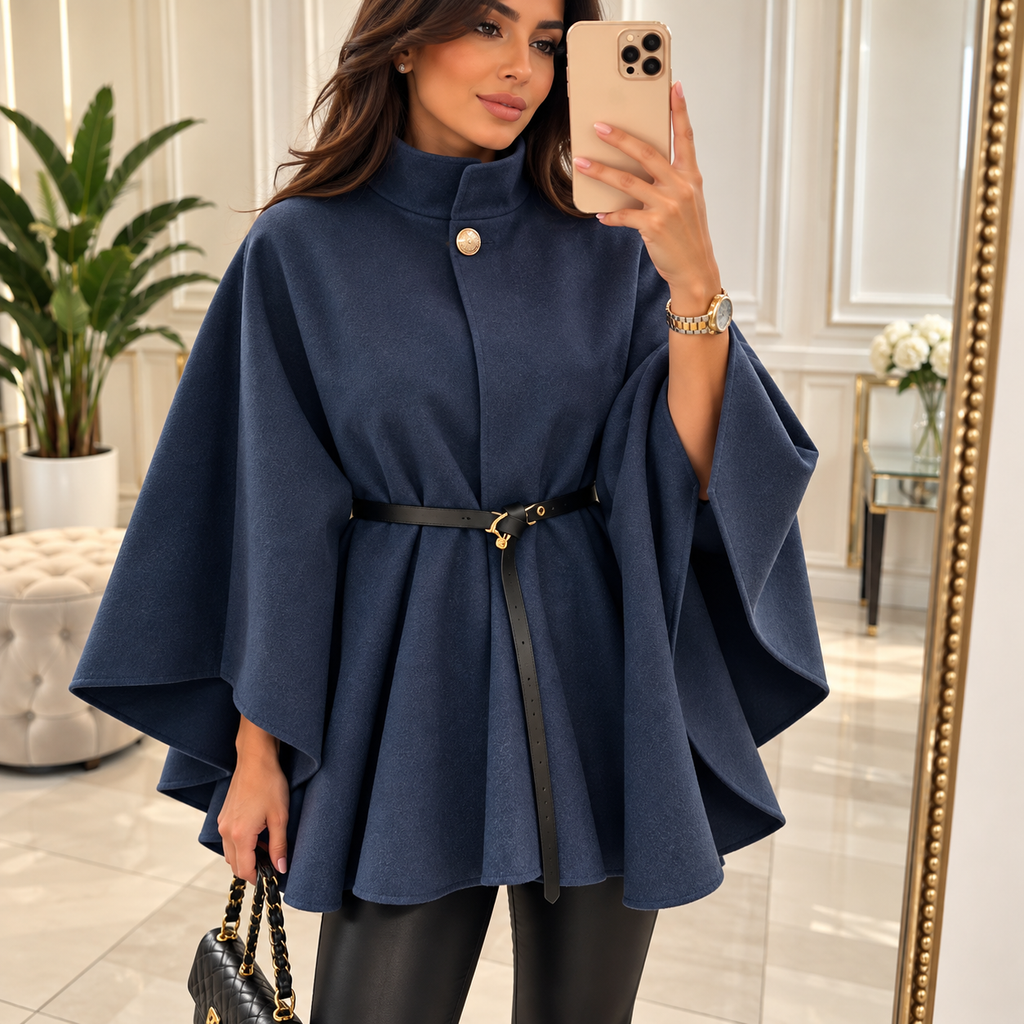 Eleganter Poncho-Mantel mit Stehkragen & Gürtel