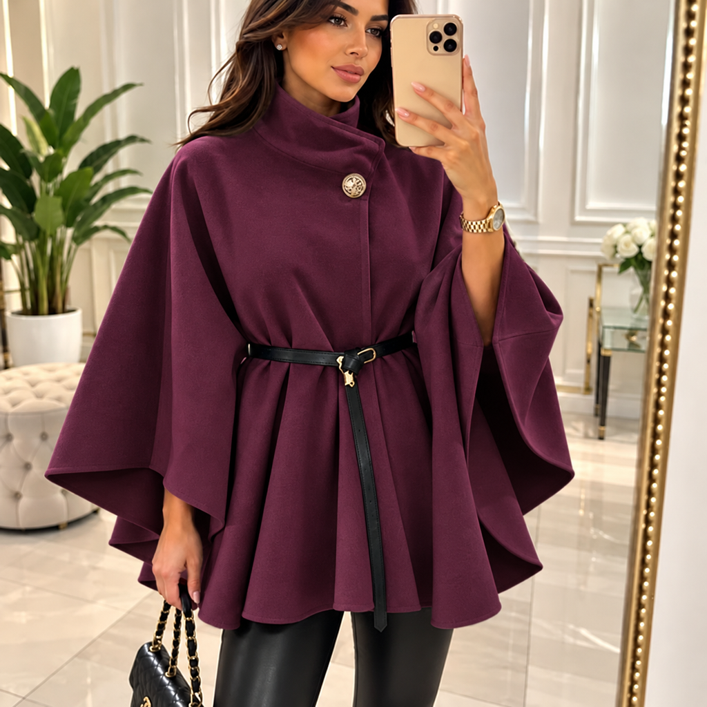 Eleganter Poncho-Mantel mit Stehkragen & Gürtel